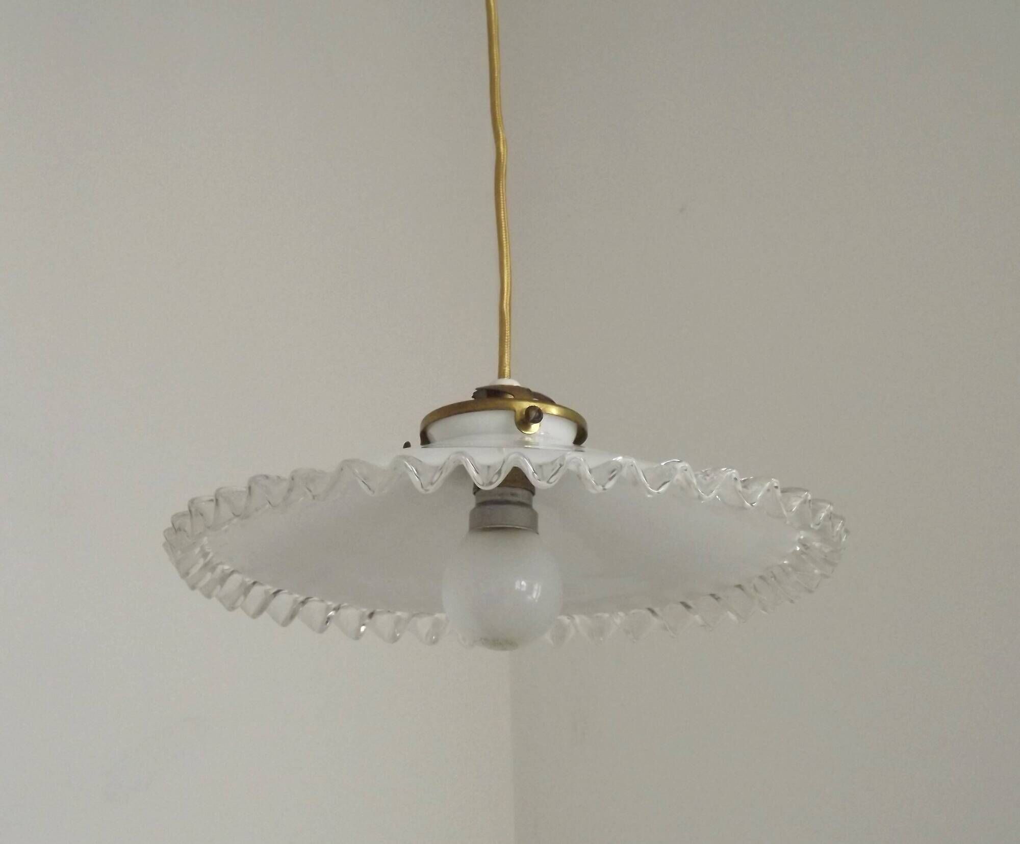 Vintage French White Opaline Glass Pendant Light Clear Glass Edge 5405