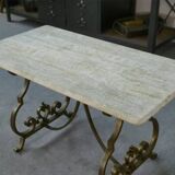 Side table with a gilt wrought iron base attributed to Gilbert Poillerat, with a travertine top, 1940s