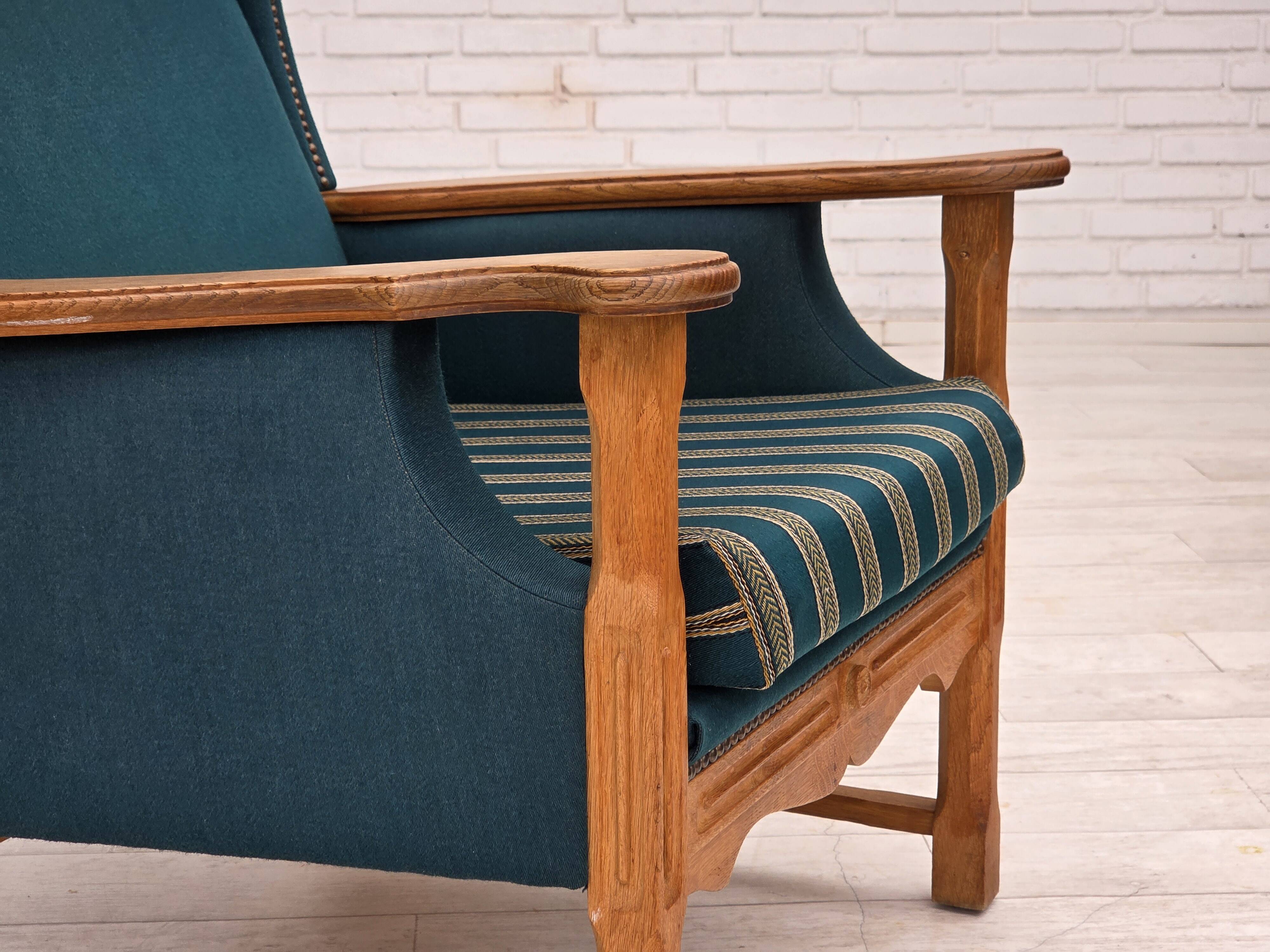 1970s, Danish highback armchair, furniture wool, solid oak wood.