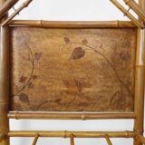 Art nouveau bamboo coat rack with beveled mirror. 5 coat hooks, umbrella stand.
