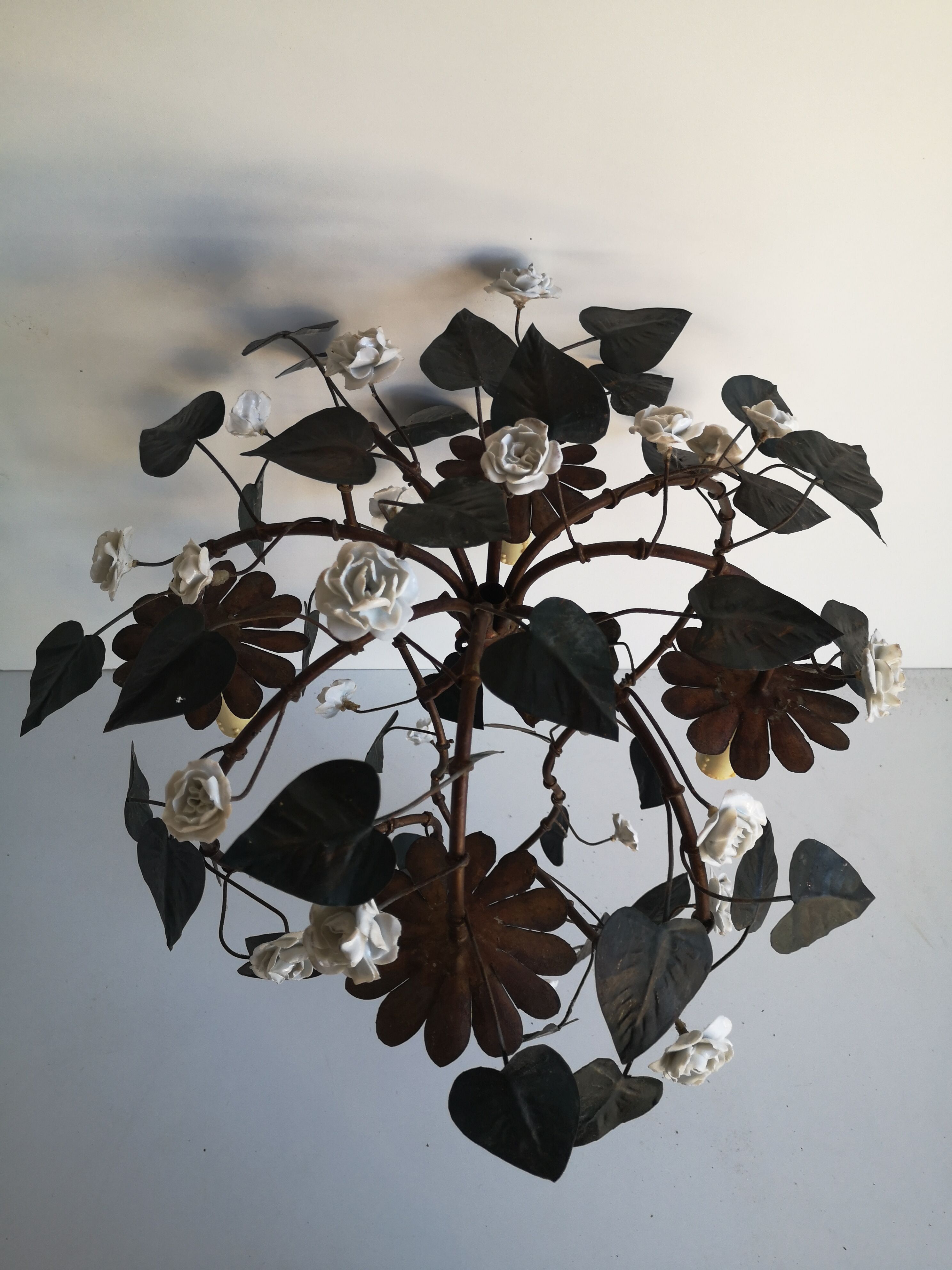 19th copper chandelier with ceramic floral motifs