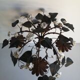 19th copper chandelier with ceramic floral motifs