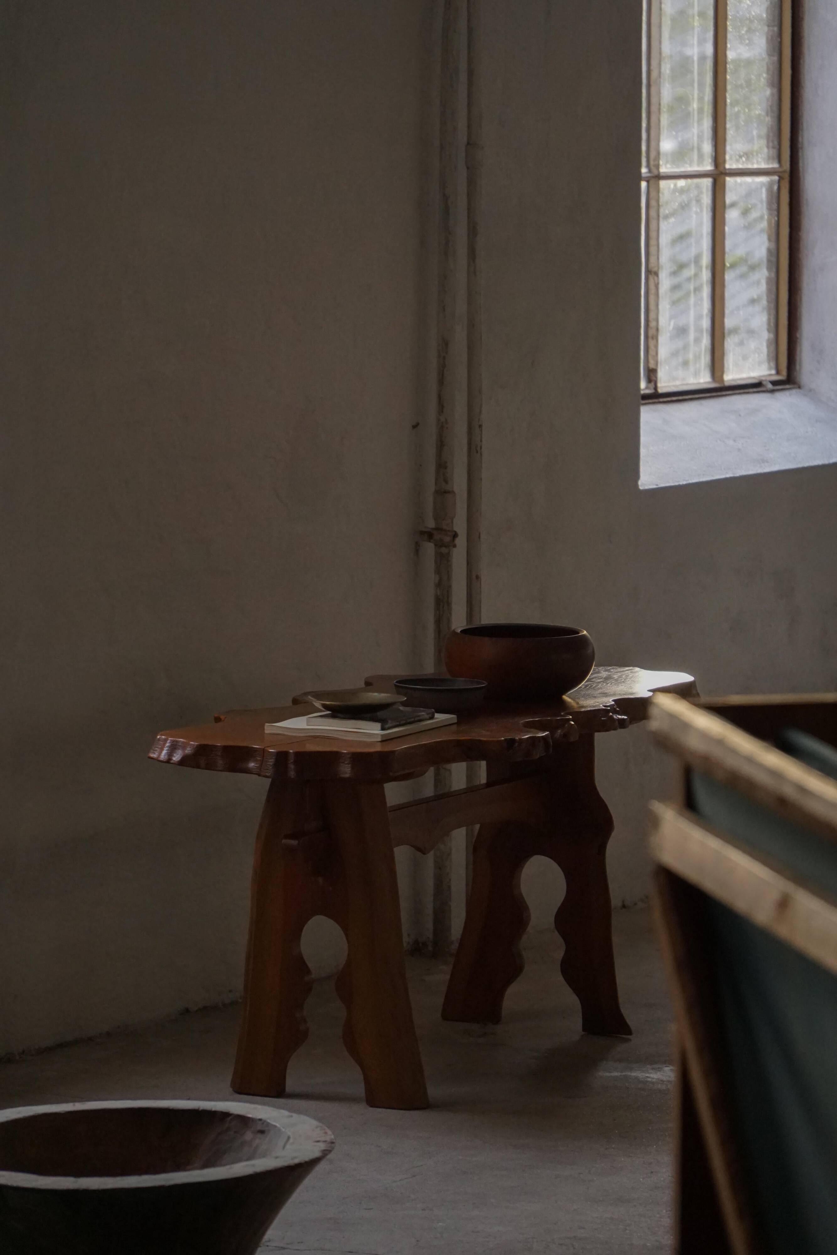 Mid-century Scandinavian coffee table made of solid elm wood, wabi-sabi style, 1960s.