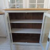 Display case, old shallow sideboard re-enchanted in cloud gray.