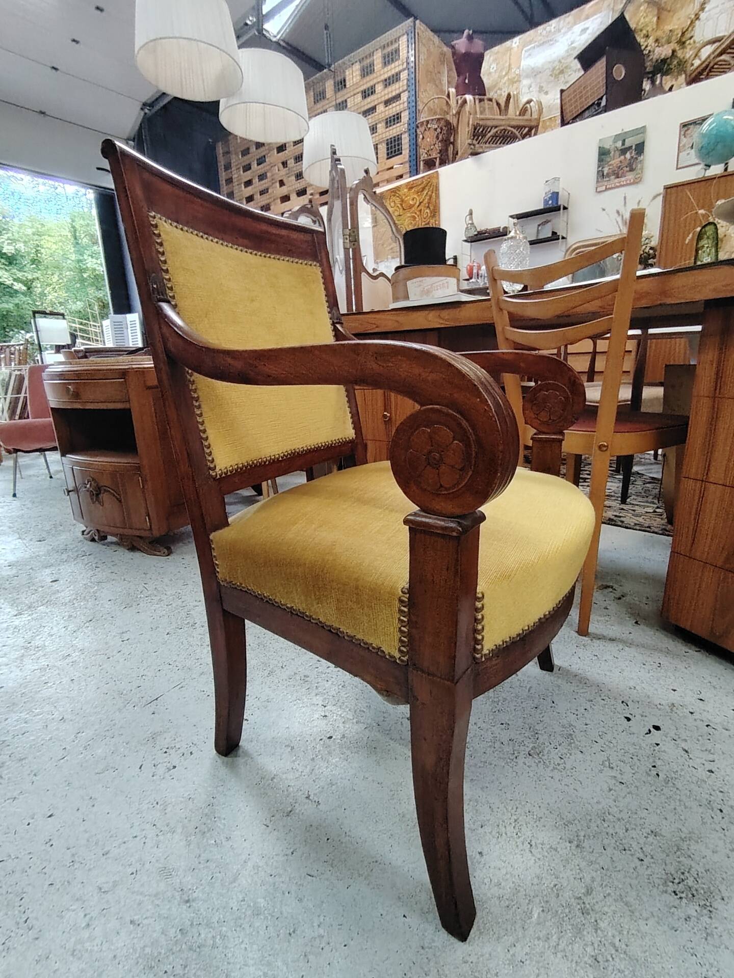 Armchair with scroll arms and sabre legs in mustard velvet, 19th century.