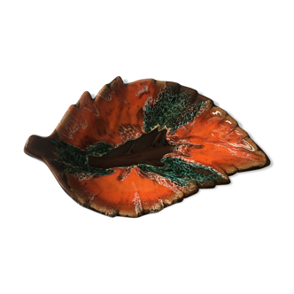 Vallauris dish in the shape of orange, brown and green leaf