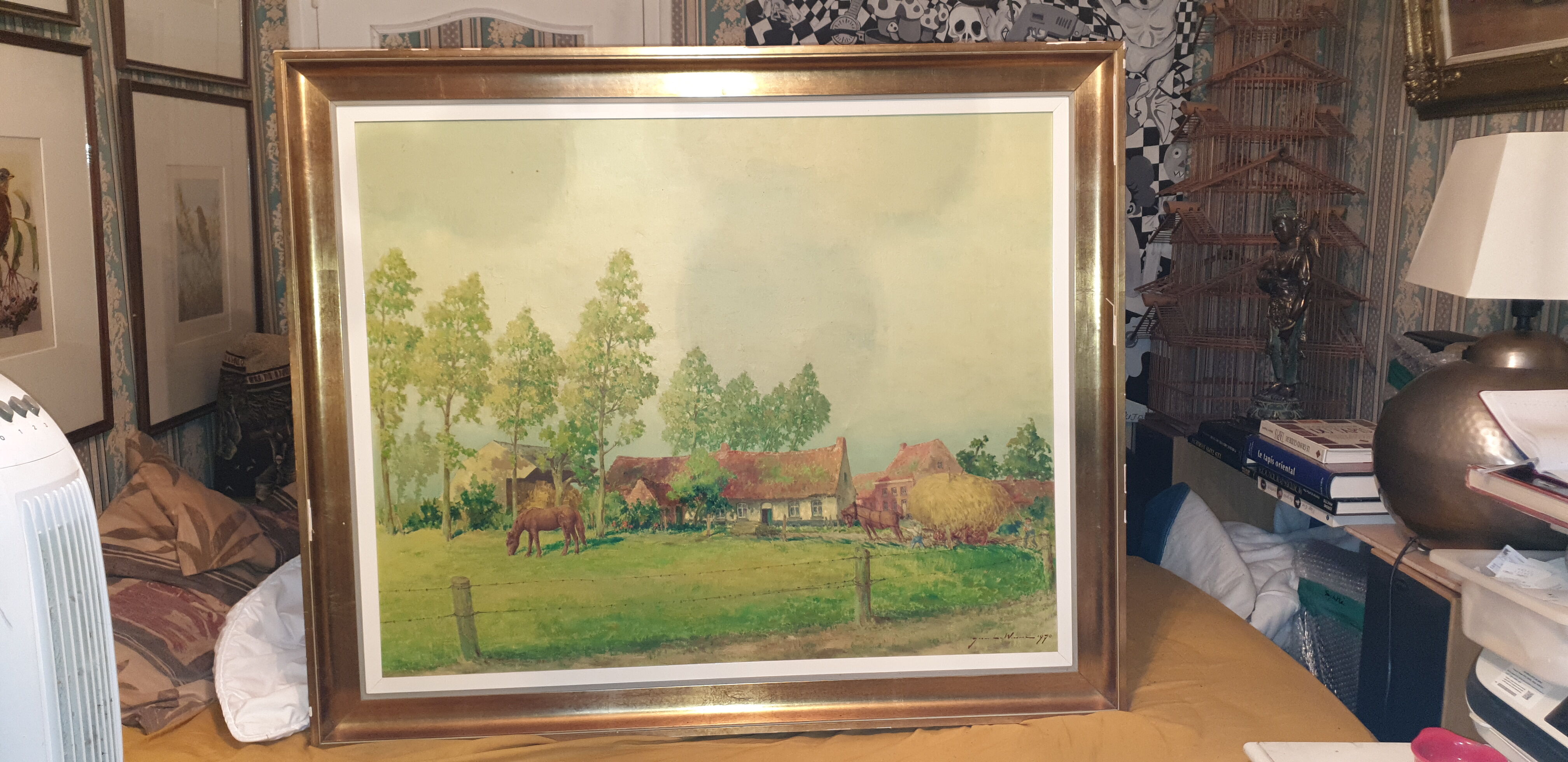 Huile sur toile campagne pastorale 1970