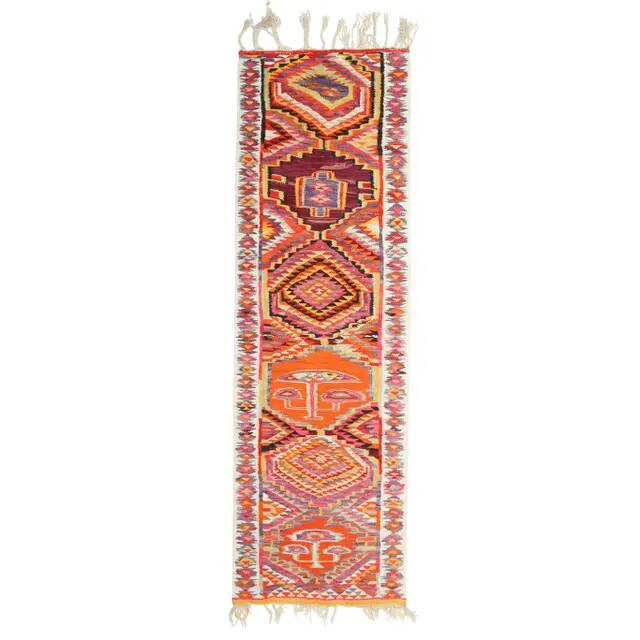 1970s Vintage Turkish Hand-Knotted Wool Cotton Orange Runner Rug 102x330