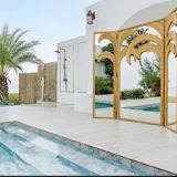 3-panel rattan and mirrored room divider