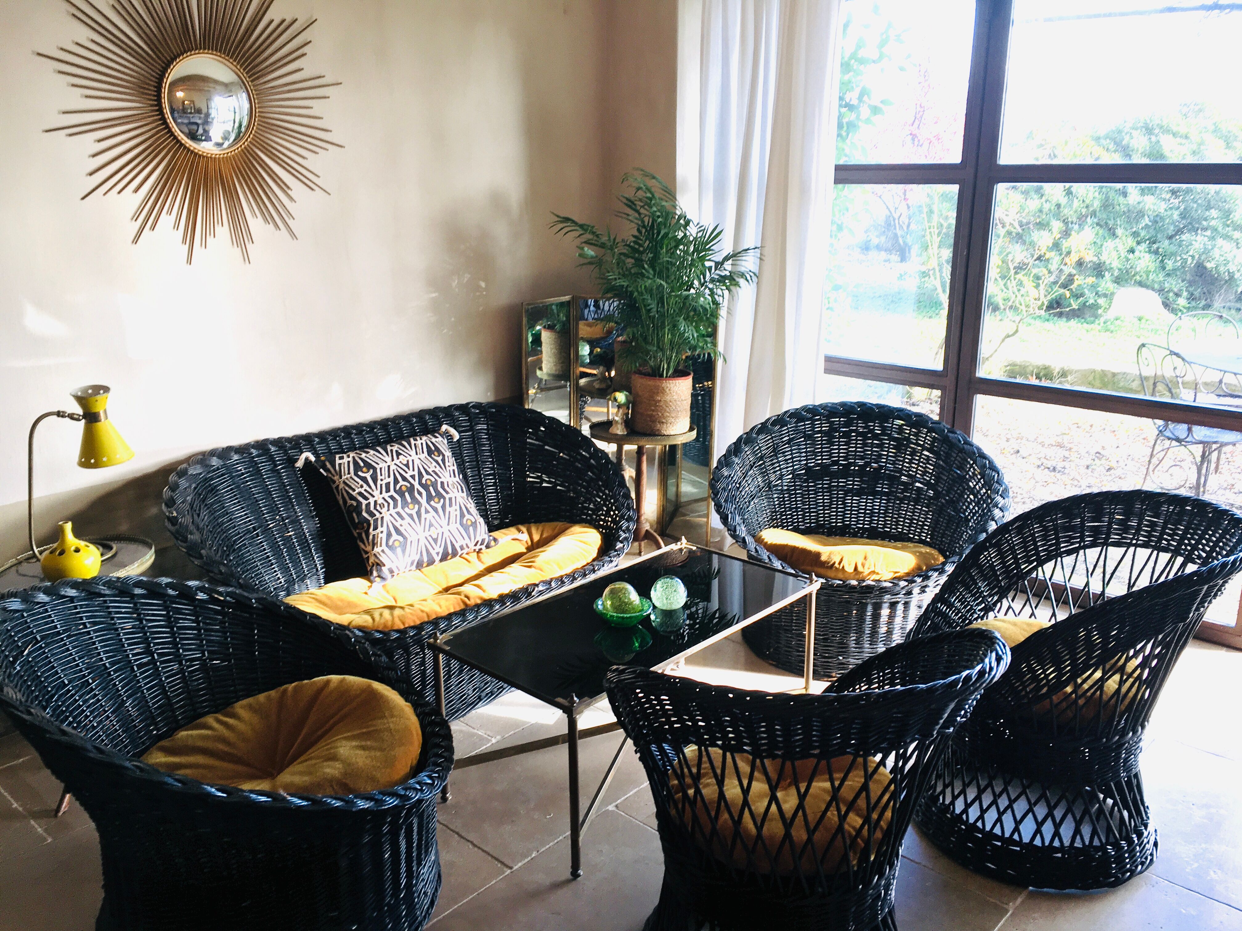 Black diabolo rattan set of the 60s