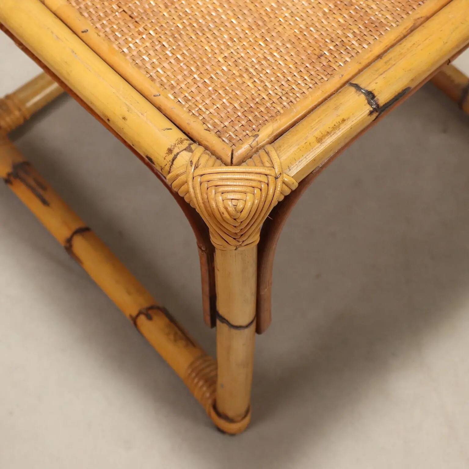 Vintage coffee tables in walnut and bamboo, Italian design 1970s-1980s.