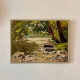 Peinture à l'huile sur toile "Forêt, rivière et barque" n°17