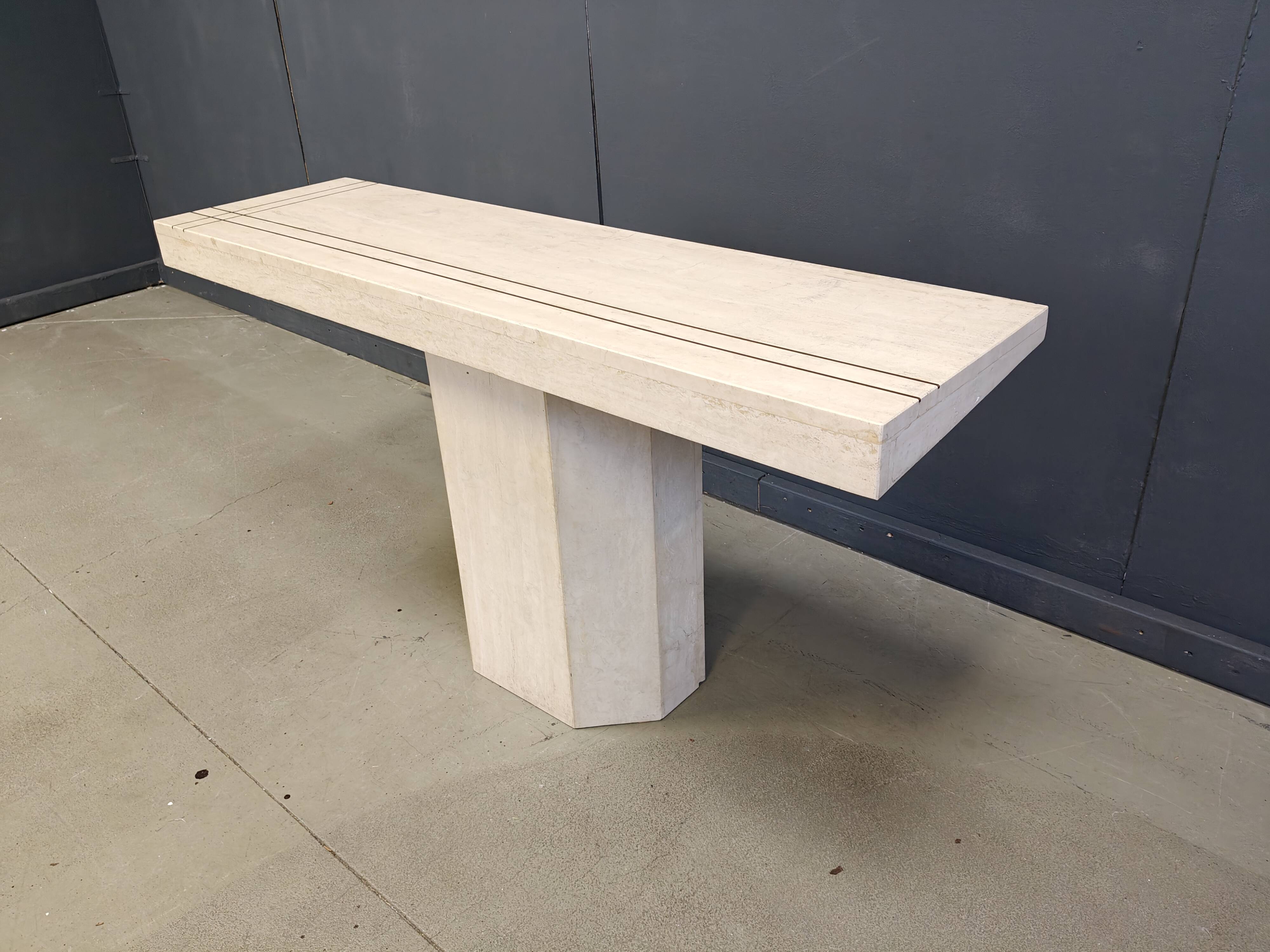 Vintage travertine and brass console table by Roche Bobois, 1970s