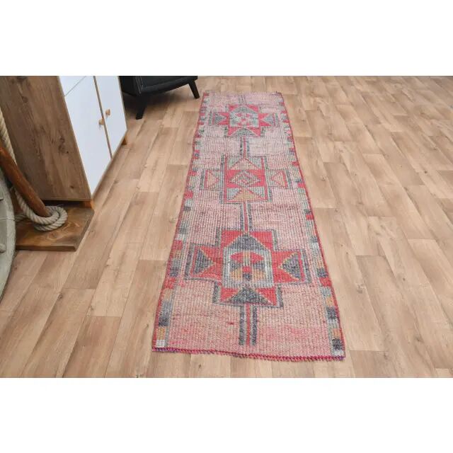 Pink Red Vintage Oushak Wool Turkish Runner Rug 83x305