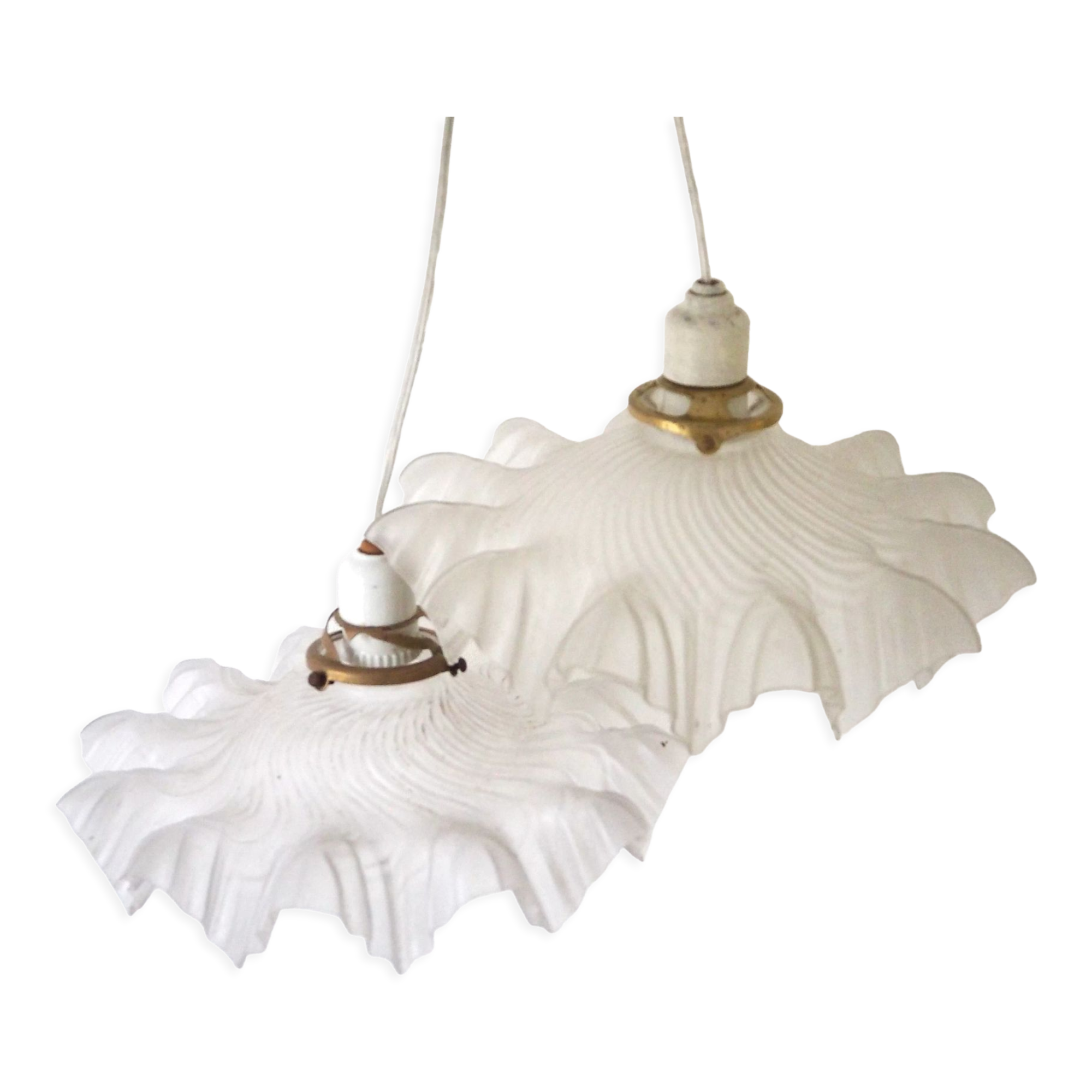 Pair of frosted glass flower pendant lamps