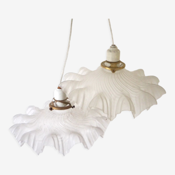 Pair of frosted glass flower pendant lamps