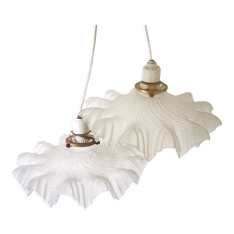 Pair of frosted glass flower pendant lamps