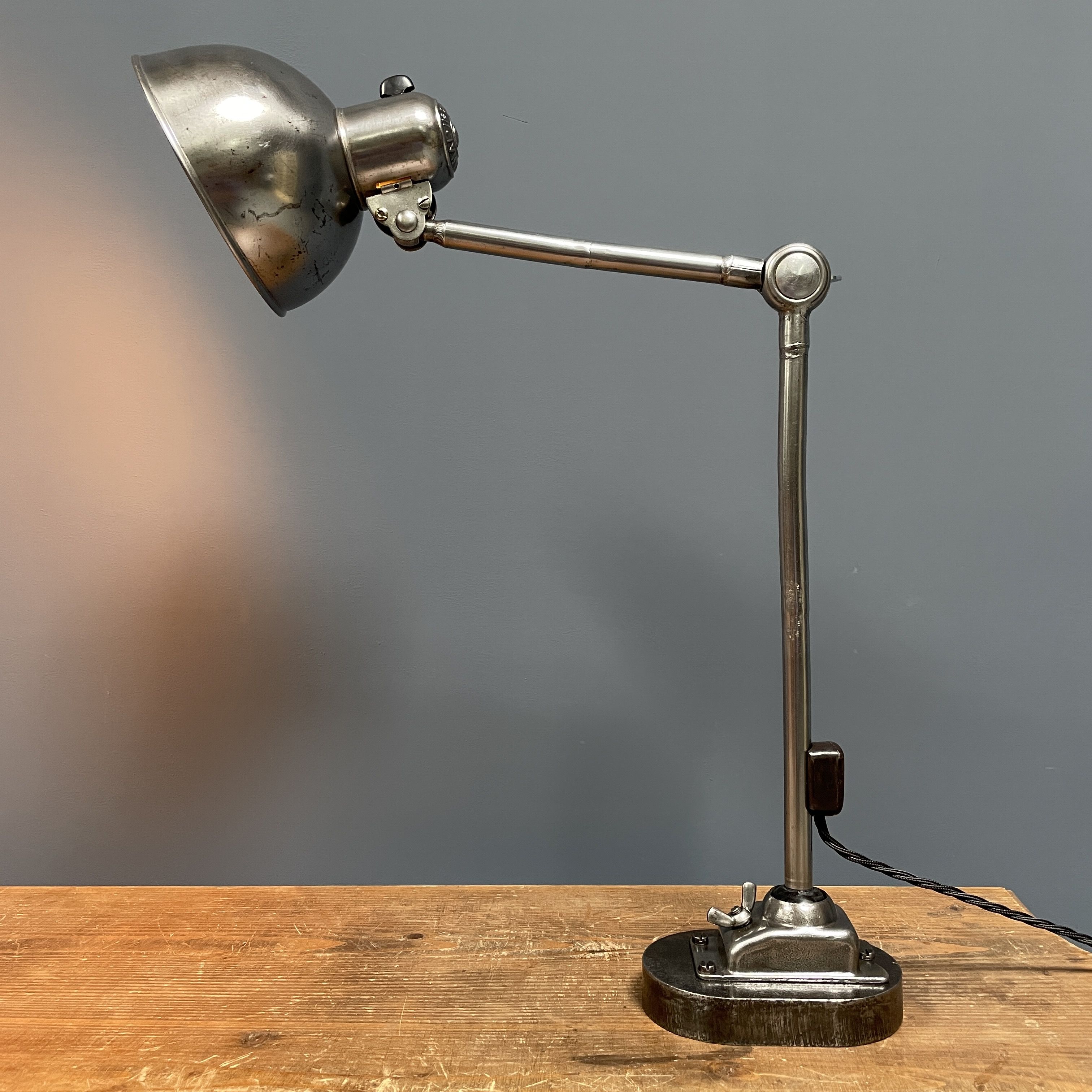 Polished Kaiser idell model 6726 workshop table lamp from the 1930s