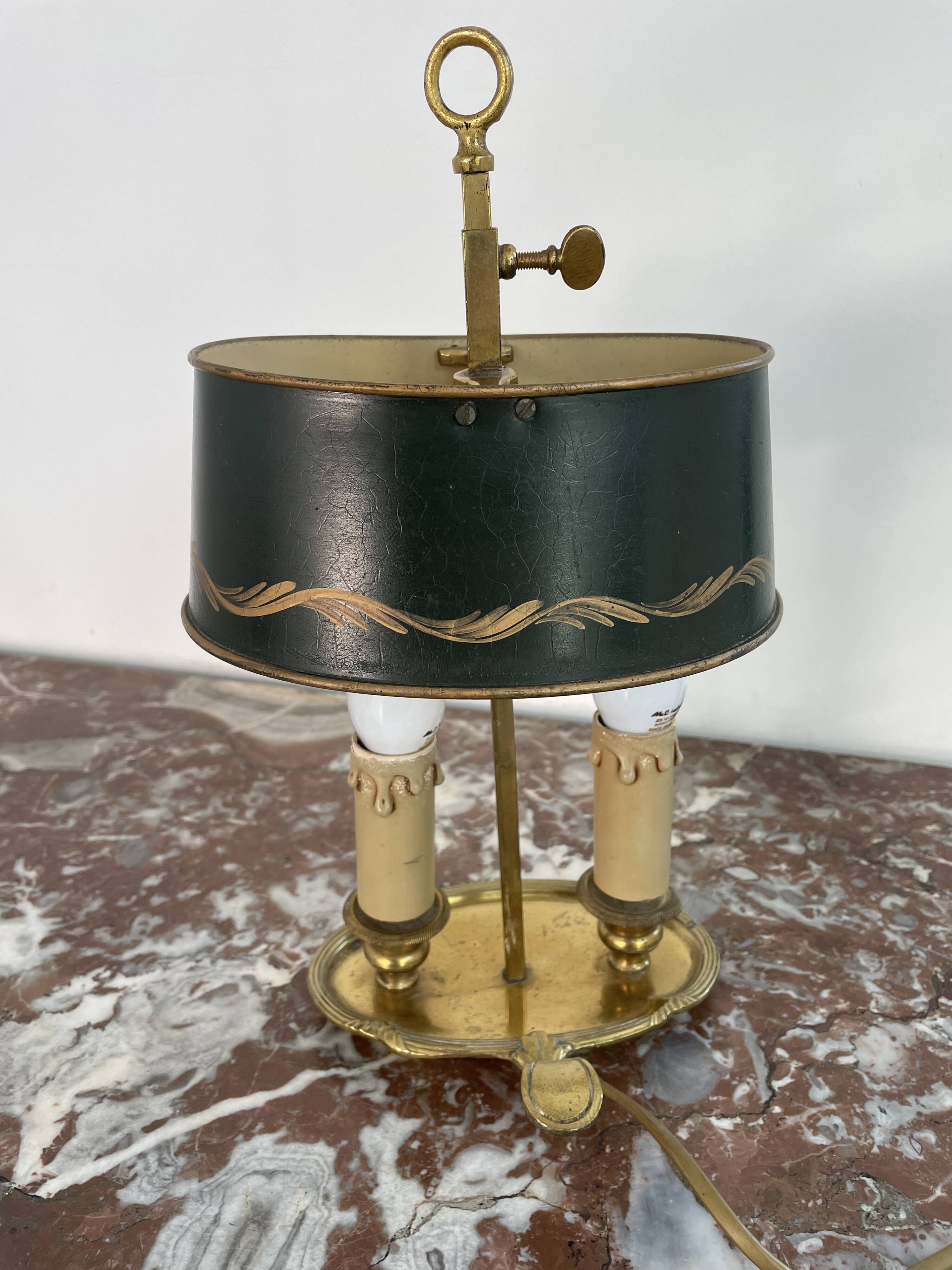 Louis XVI style two-light bouillotte lamp, green lampshade, hand-painted