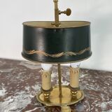 Louis XVI style two-light bouillotte lamp, green lampshade, hand-painted