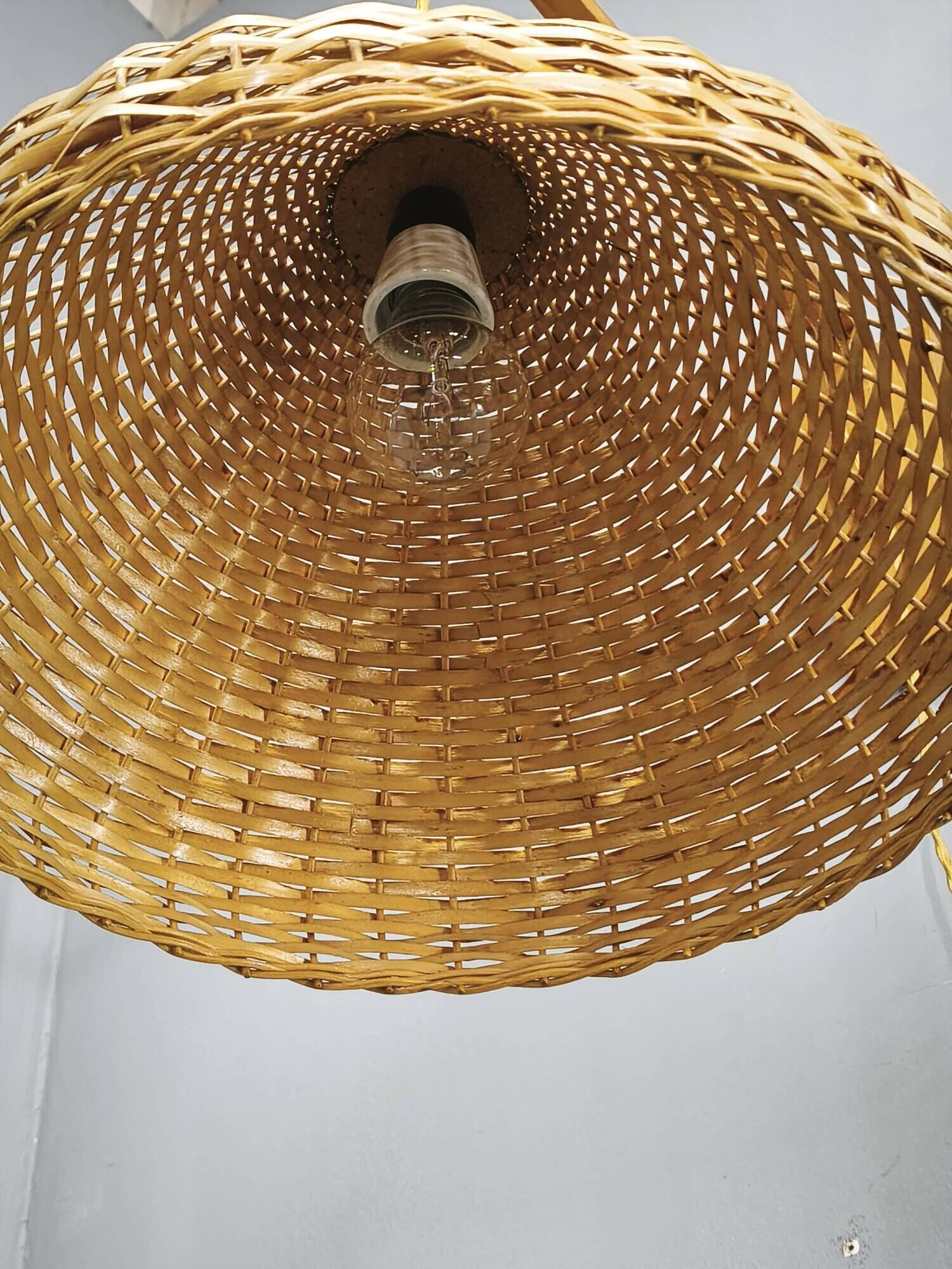 Czechoslovak Rattan and Wood Swing Arm Wall Lamp, 1960s