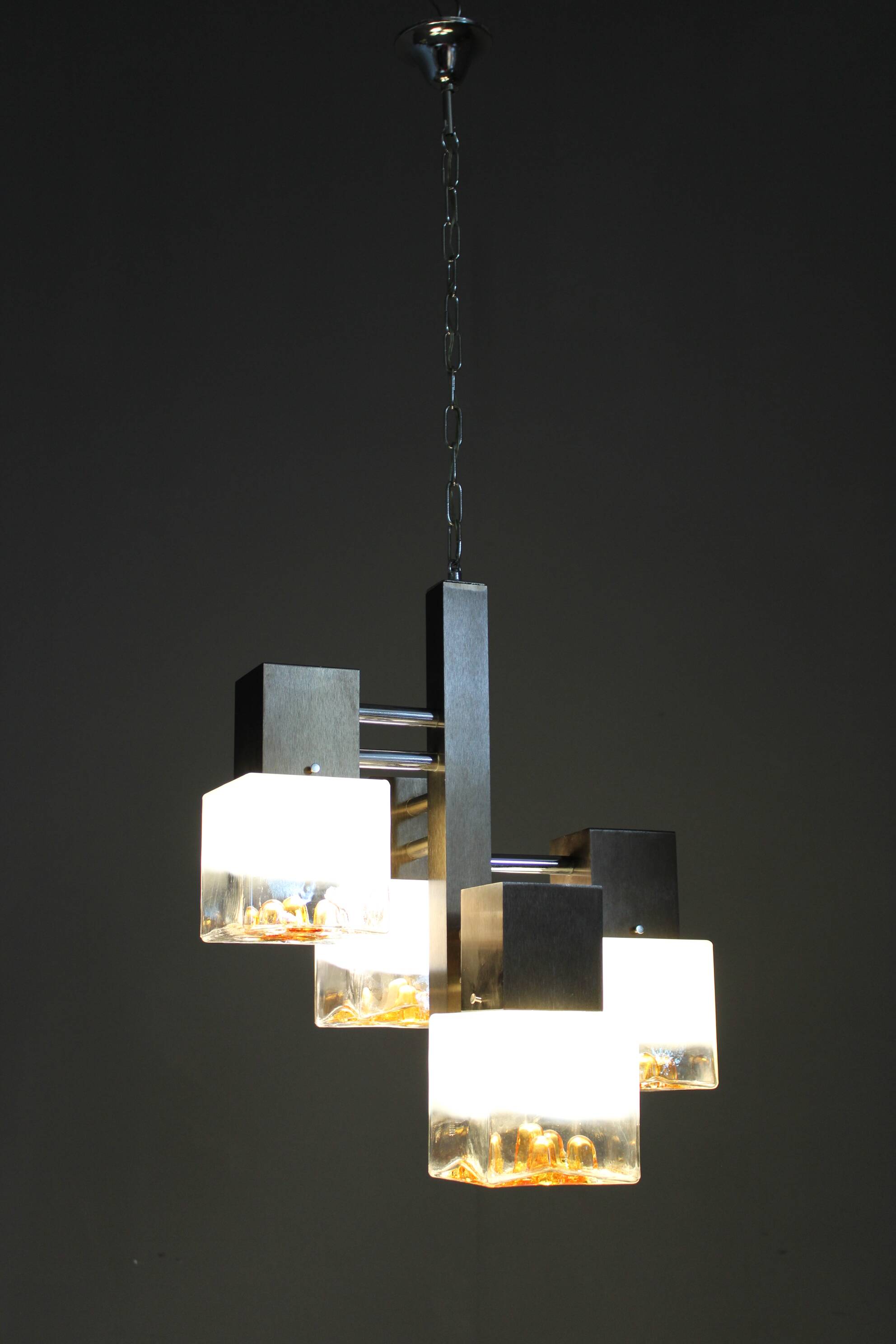 1970s Italian chandelier with Murano glass shades and anodized metal frame