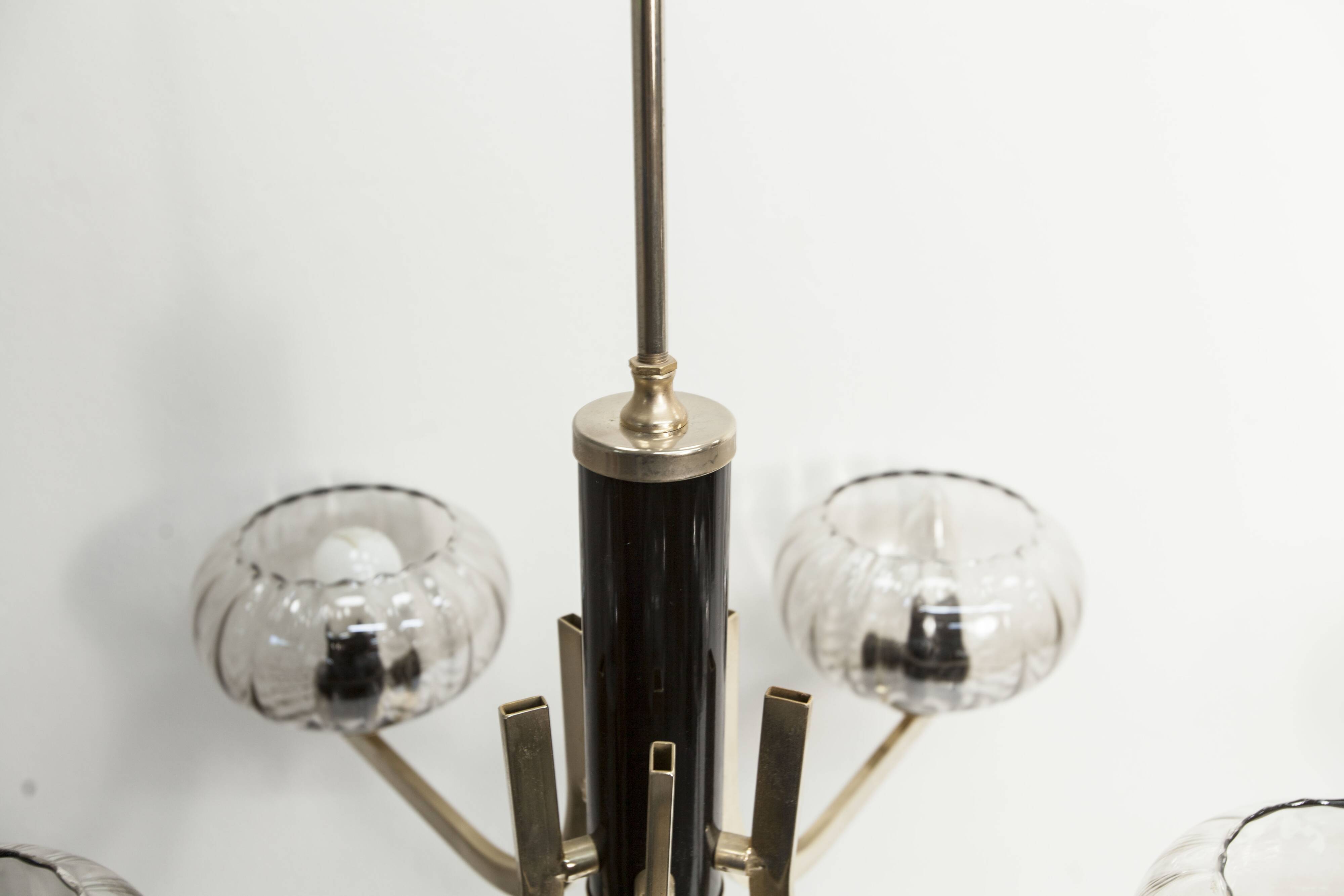 See Delmas chandelier, 5 branches, black and gold, transparent glass, 1960
