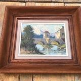 Oil painting on canvas s. audrey riverside + wood frame #a218
