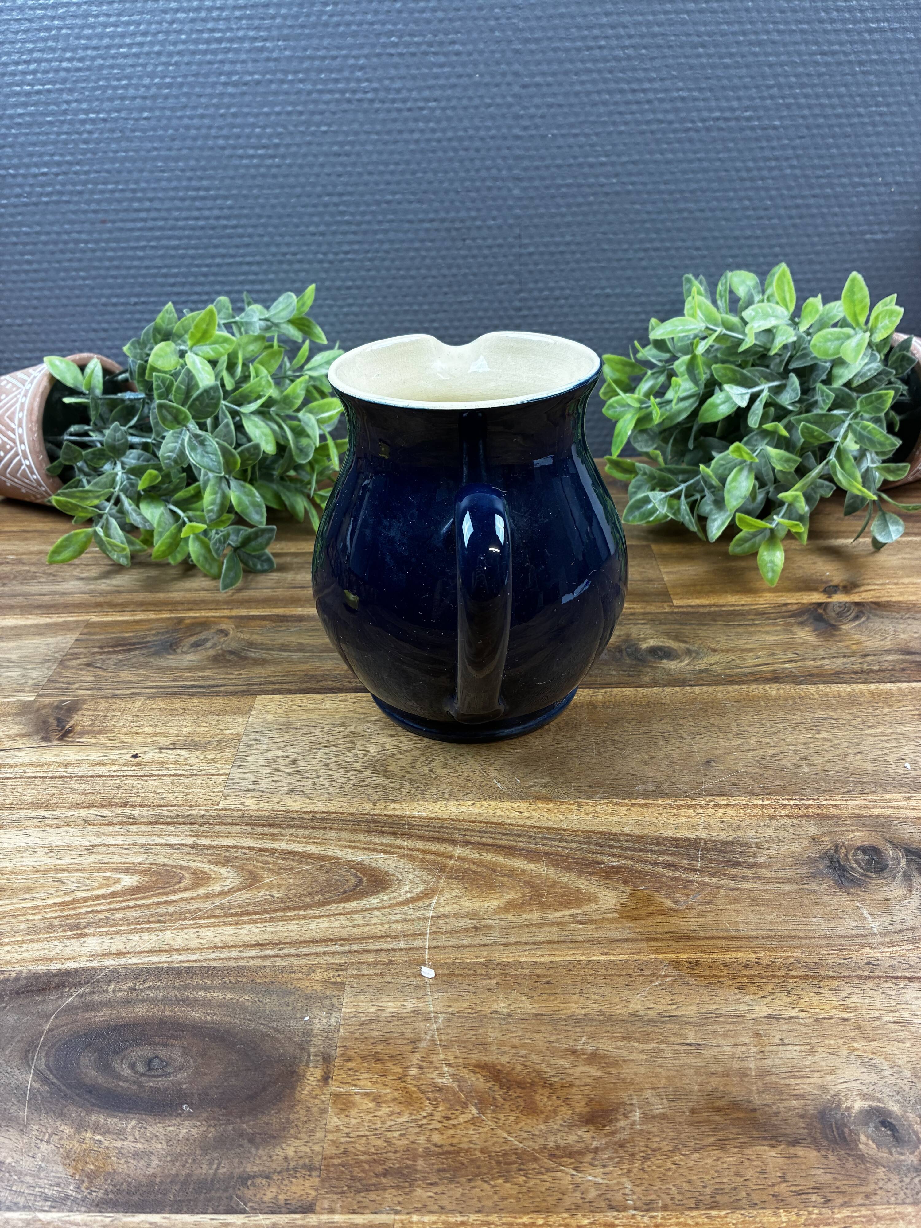 Night Blue Glazed Stoneware Jug with Floral Decoration