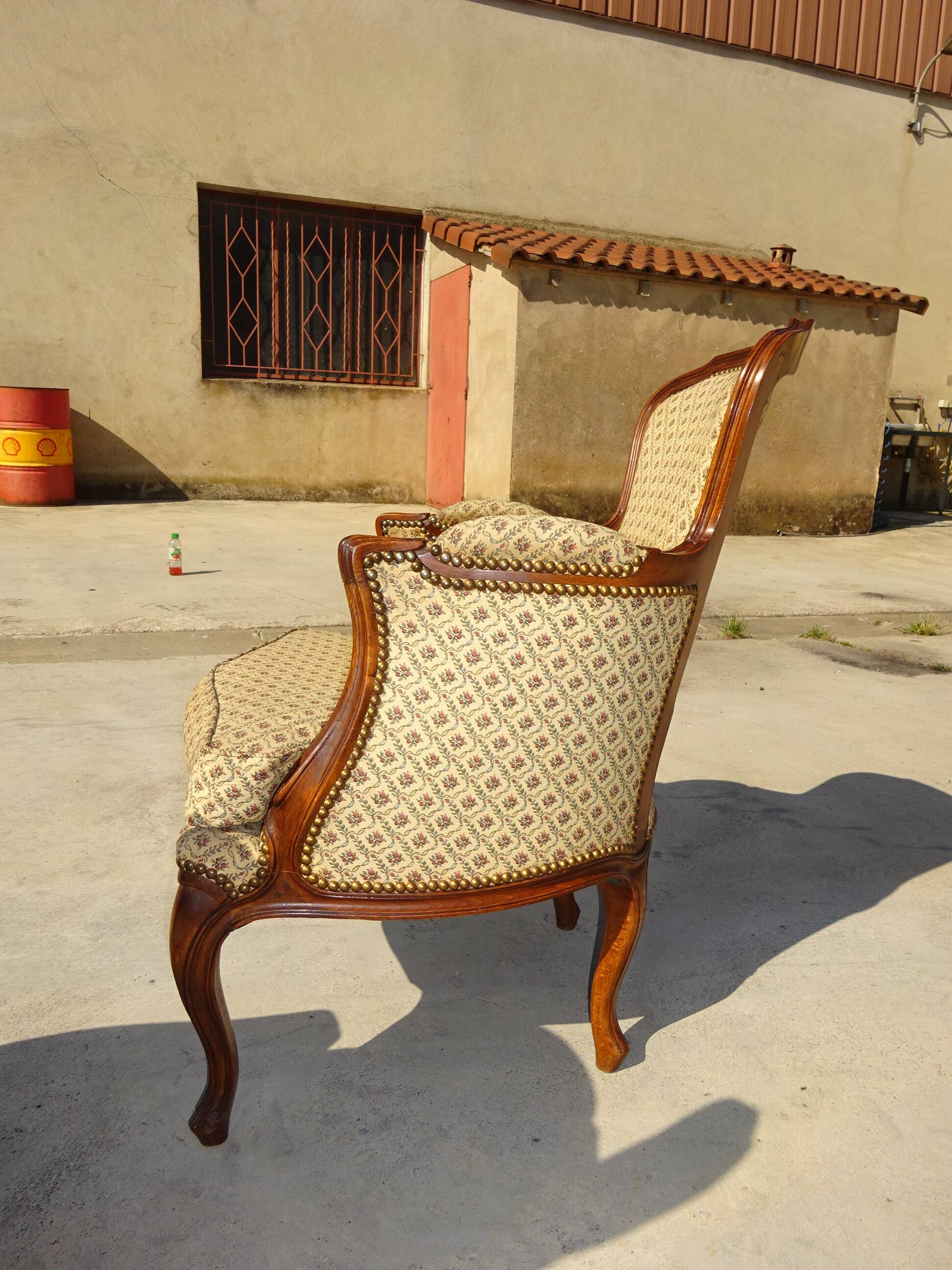 Bergère armchair in walnut and upholstered fabrics, set of 2