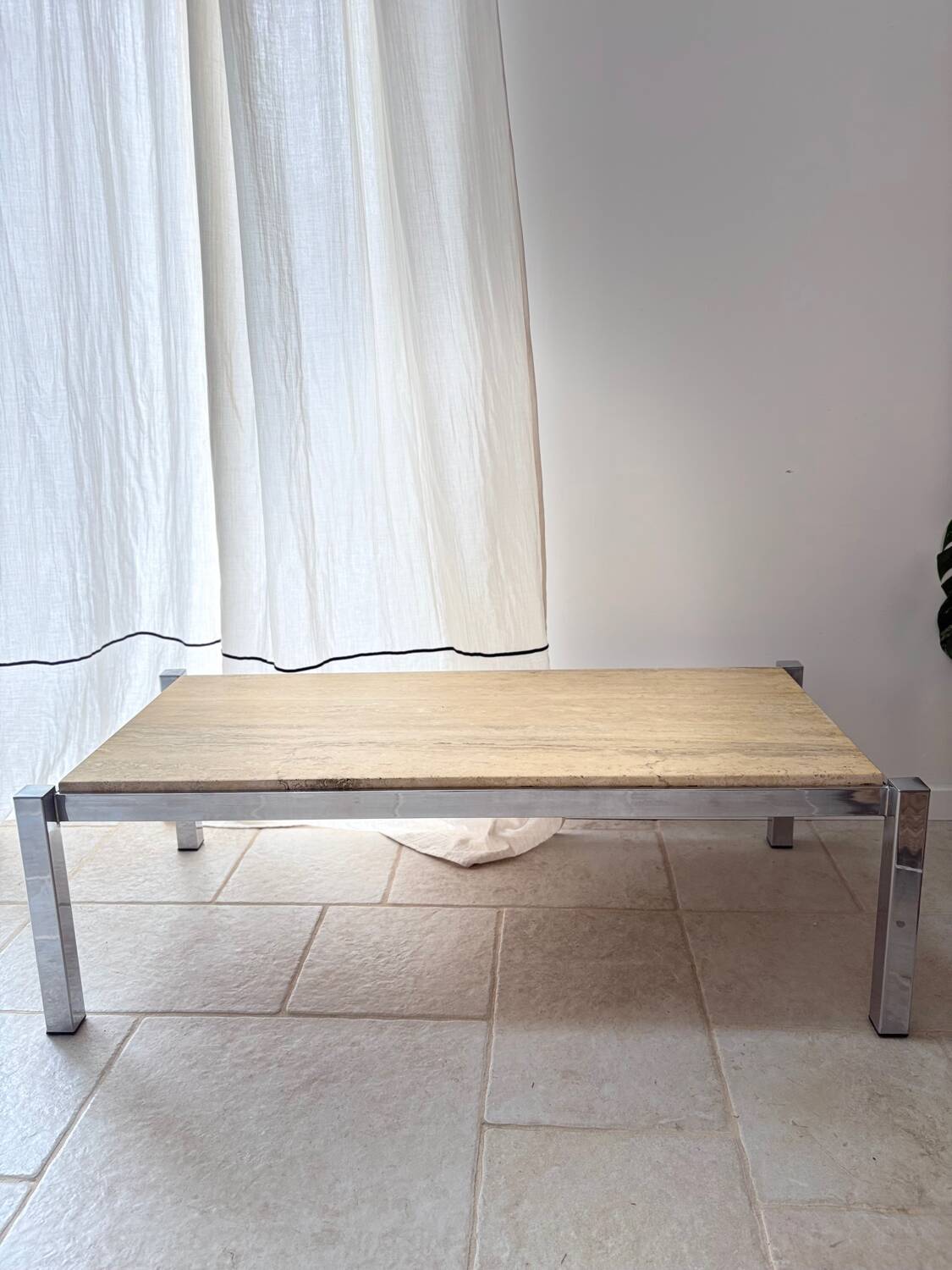 Chrome metal and travertine coffee table, 1970.
