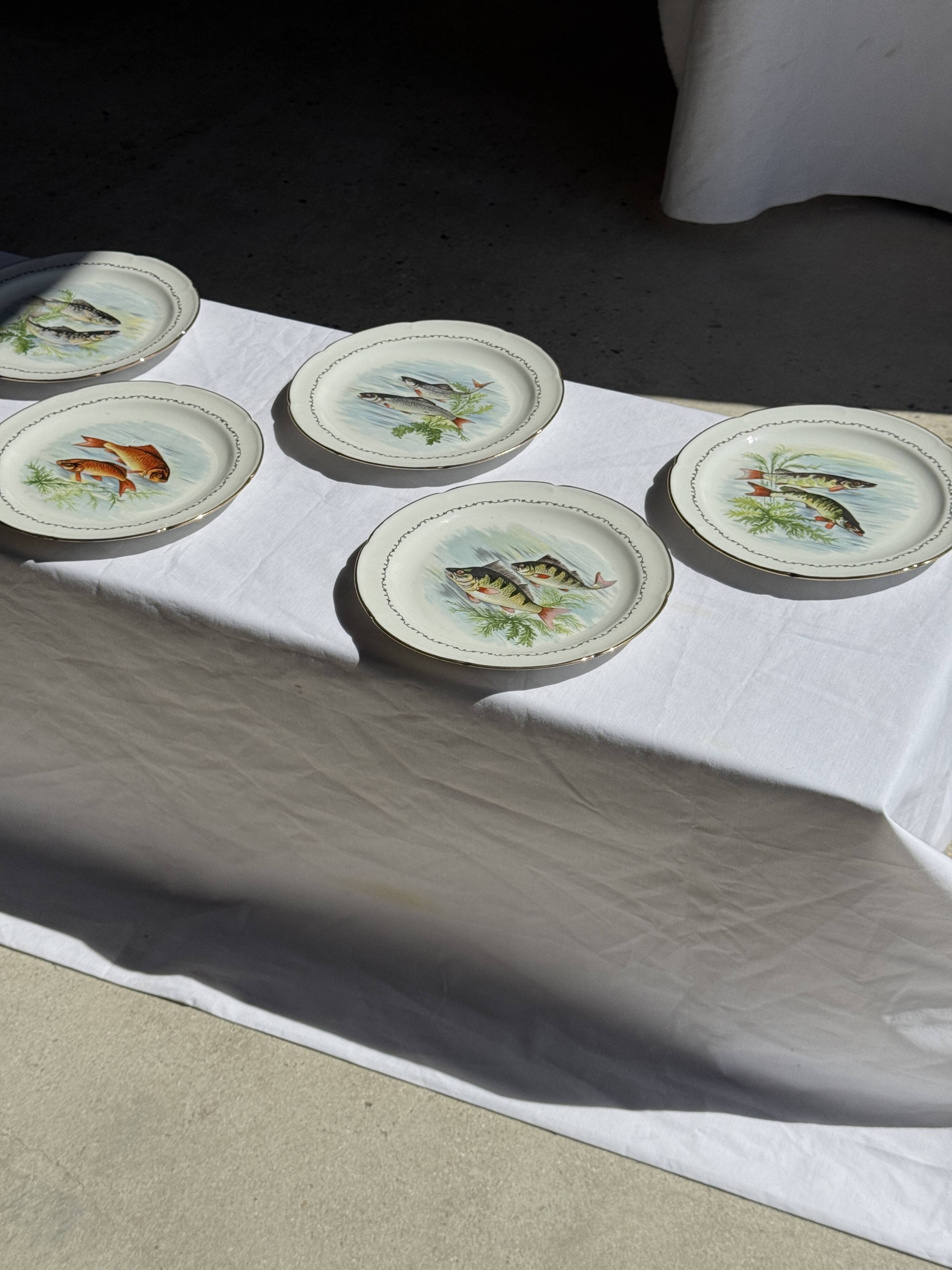 Set of 6 vintage Limoges porcelain plates with fish design.