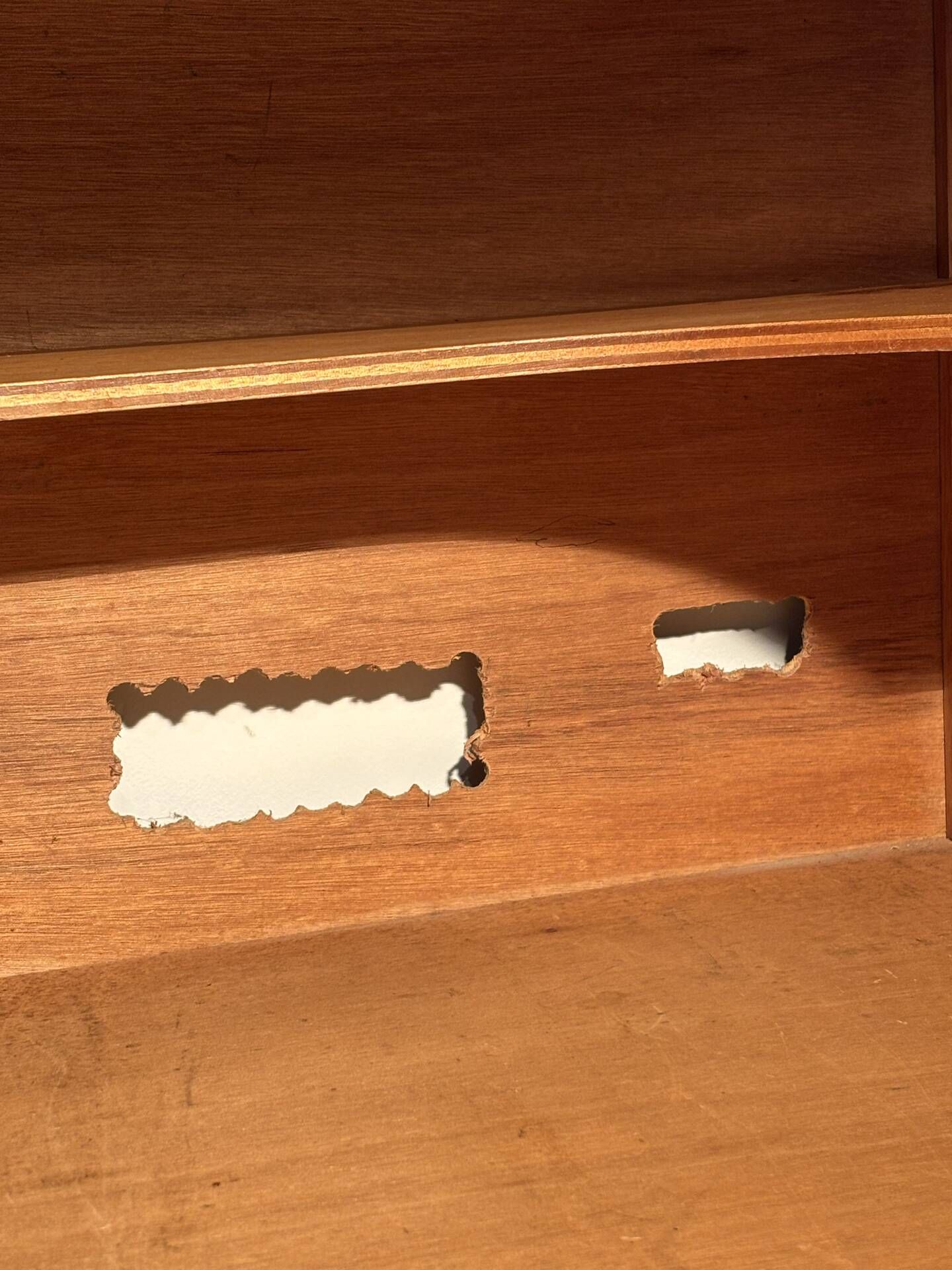 Louis XV style oak TV cabinet with drop-down flap.