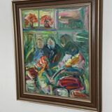 Swedish Oil on Canvas – “Interior with Figures” by Erik Lo  (1914–2004