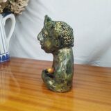 Clay sculpture of mother nature holding eggs, vintage modern figurative art