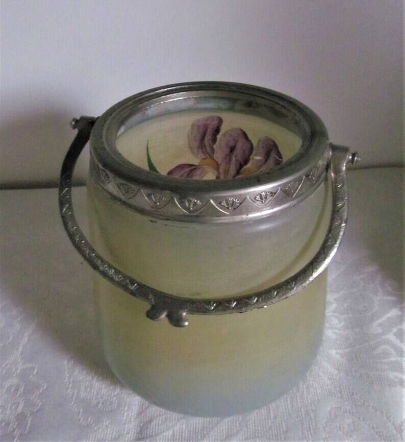Art Nouveau Opal Glass Biscuit Jar: Hand-Painted Iris, French Candy Jar