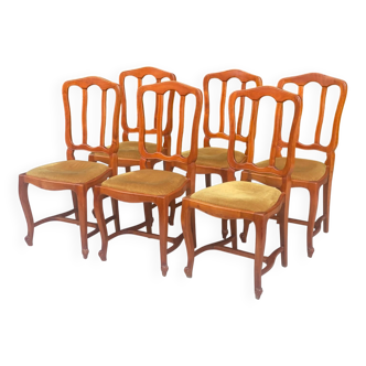 6 Louis XV chairs in solid medium oak wood and mustard velvet fabric