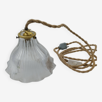Lampe baladeuse abat-jour type holophane ø 22 cm fils torsadé en chanvre vintage