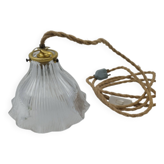 Portable lamp with holophane type lampshade ø 22 cm twisted wire in vintage hemp