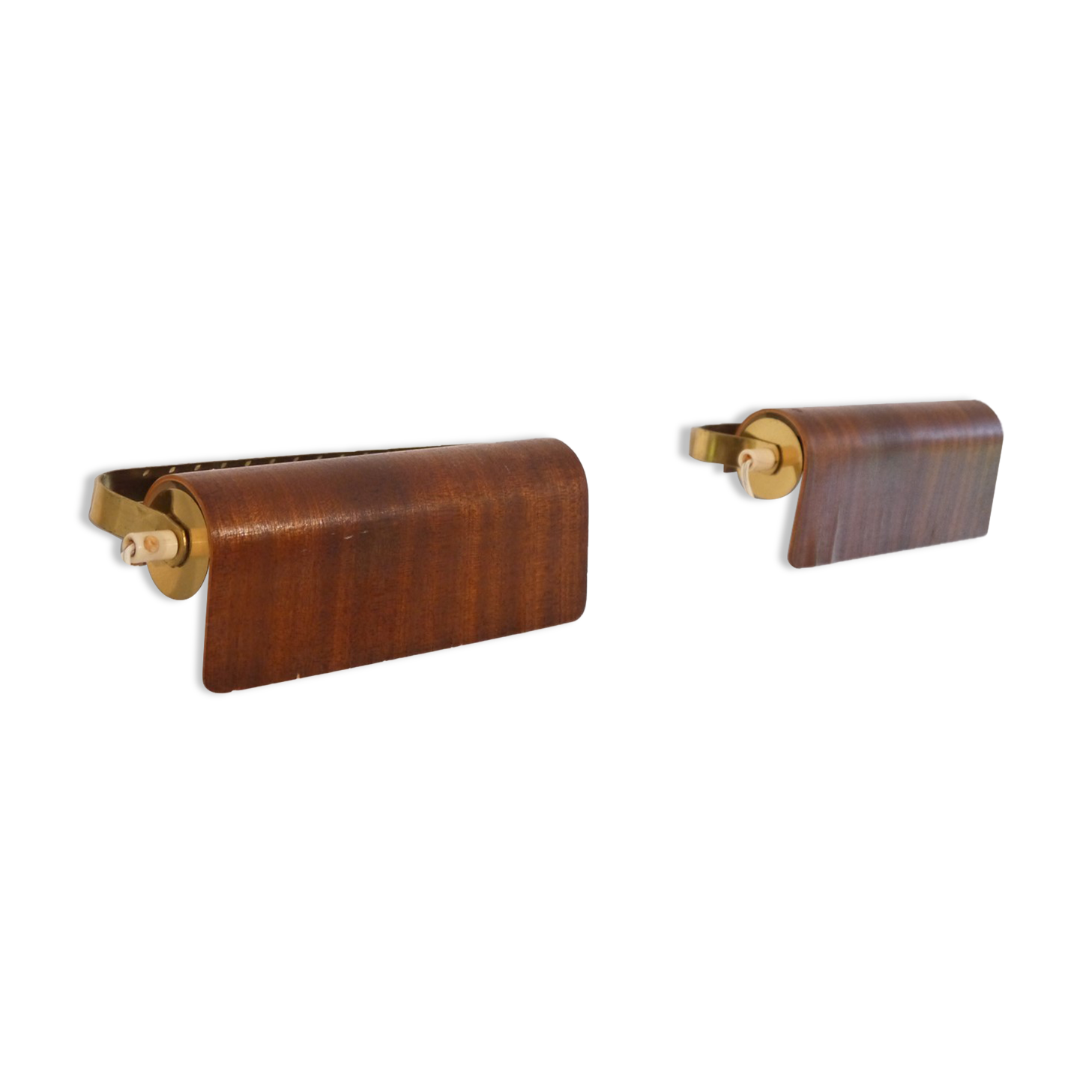 Pair of Scandinavian wall lamps in wood and brass 1960