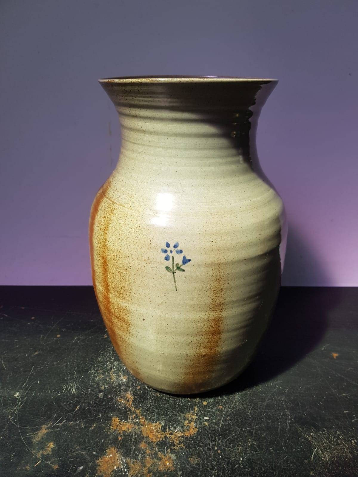 Old brown sandstone vase & beige signed deco 70s vintage