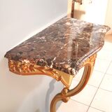 Louis XV style wall lamp console, twentieth century, wood and gilded stucco marble top