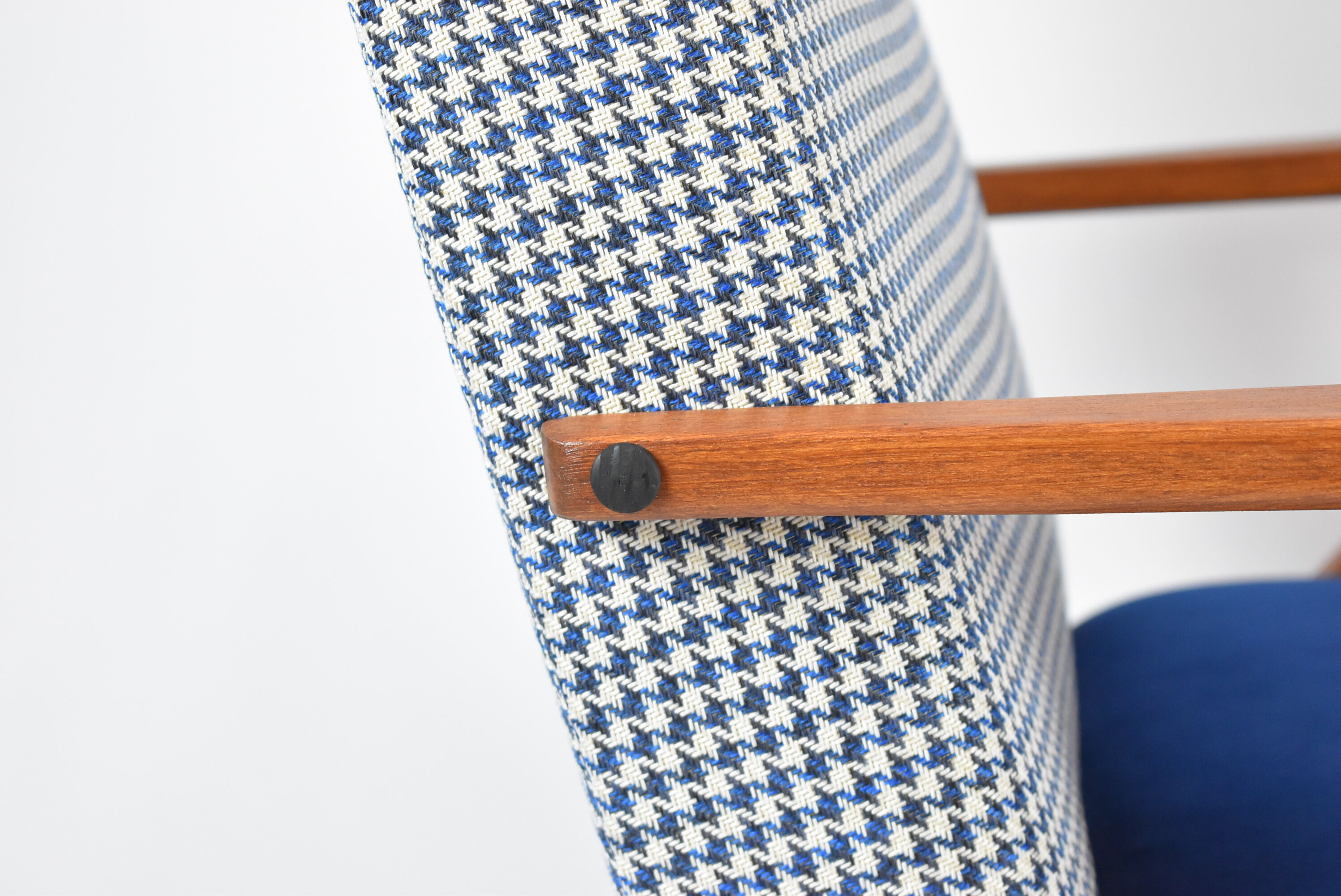 Original restored armchair Compas, 1960s, blue velvet, pied de poule