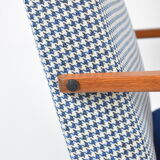 Fauteuil original restauré compas années 1960 velours bleu, pied de poule