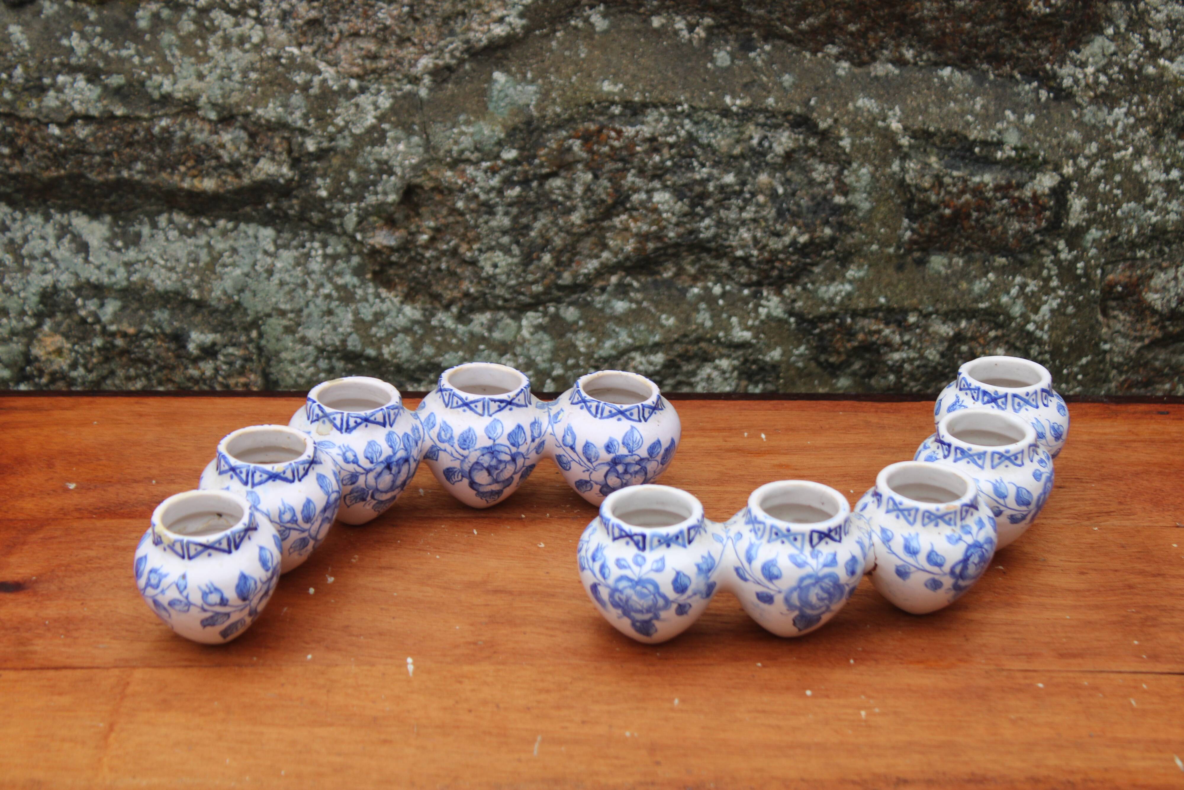 Pair of antique blue ceramic candlesticks • Apothecary size 5x2 (10 burners)