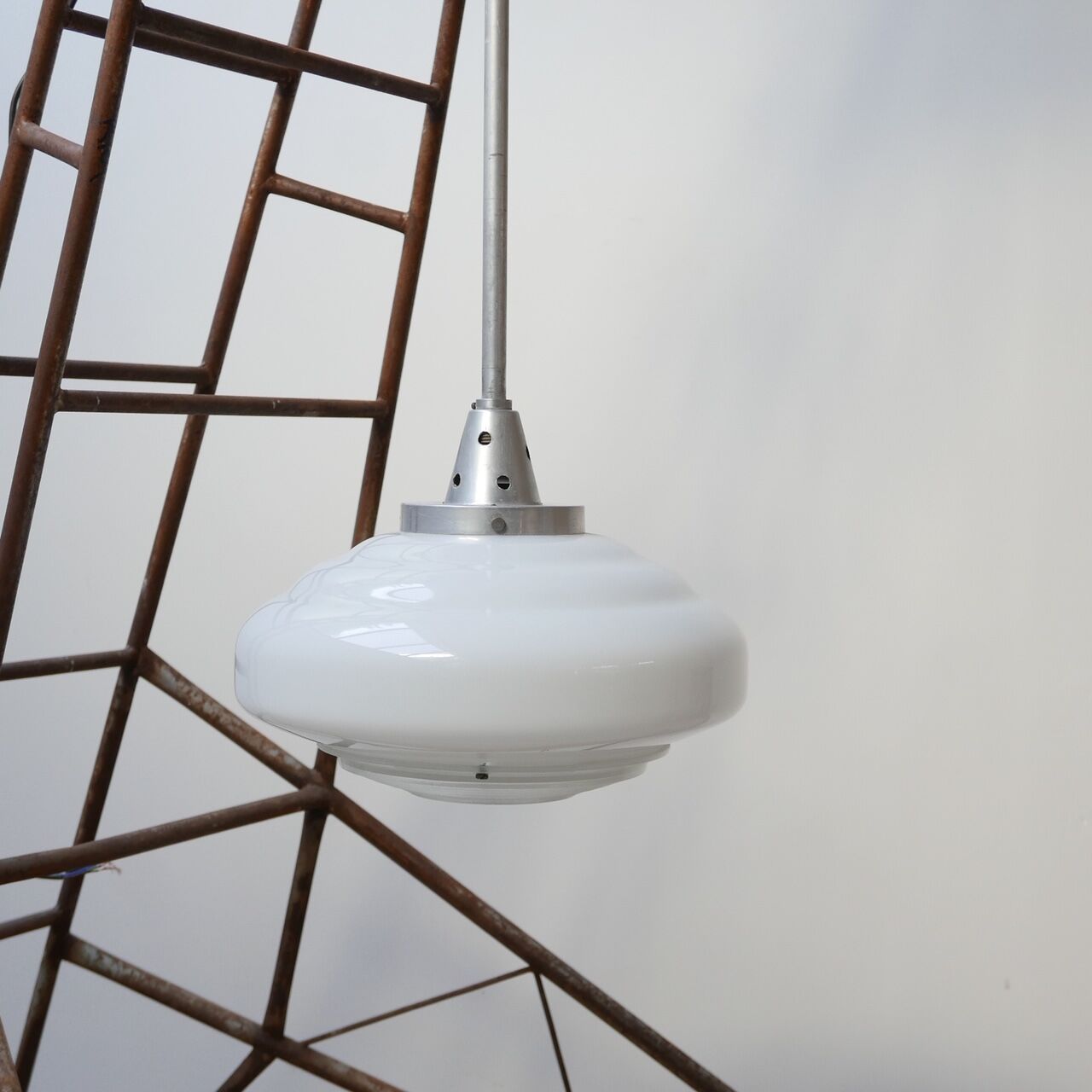 French Holophane Two Tone Glass Opaline Mid-Century Pendants (3)