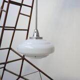 French Holophane Two Tone Glass Opaline Mid-Century Pendants (3)