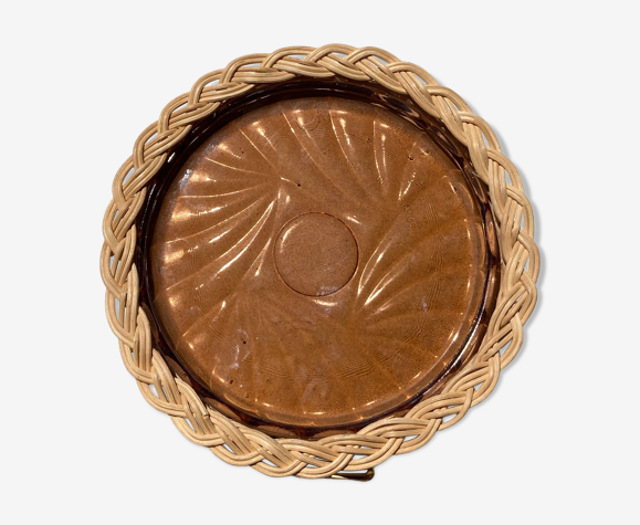 Plat en rotin et verre ambré vintage