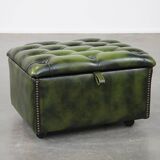 Pouf Chesterfield en cuir de vache vert avec roulettes