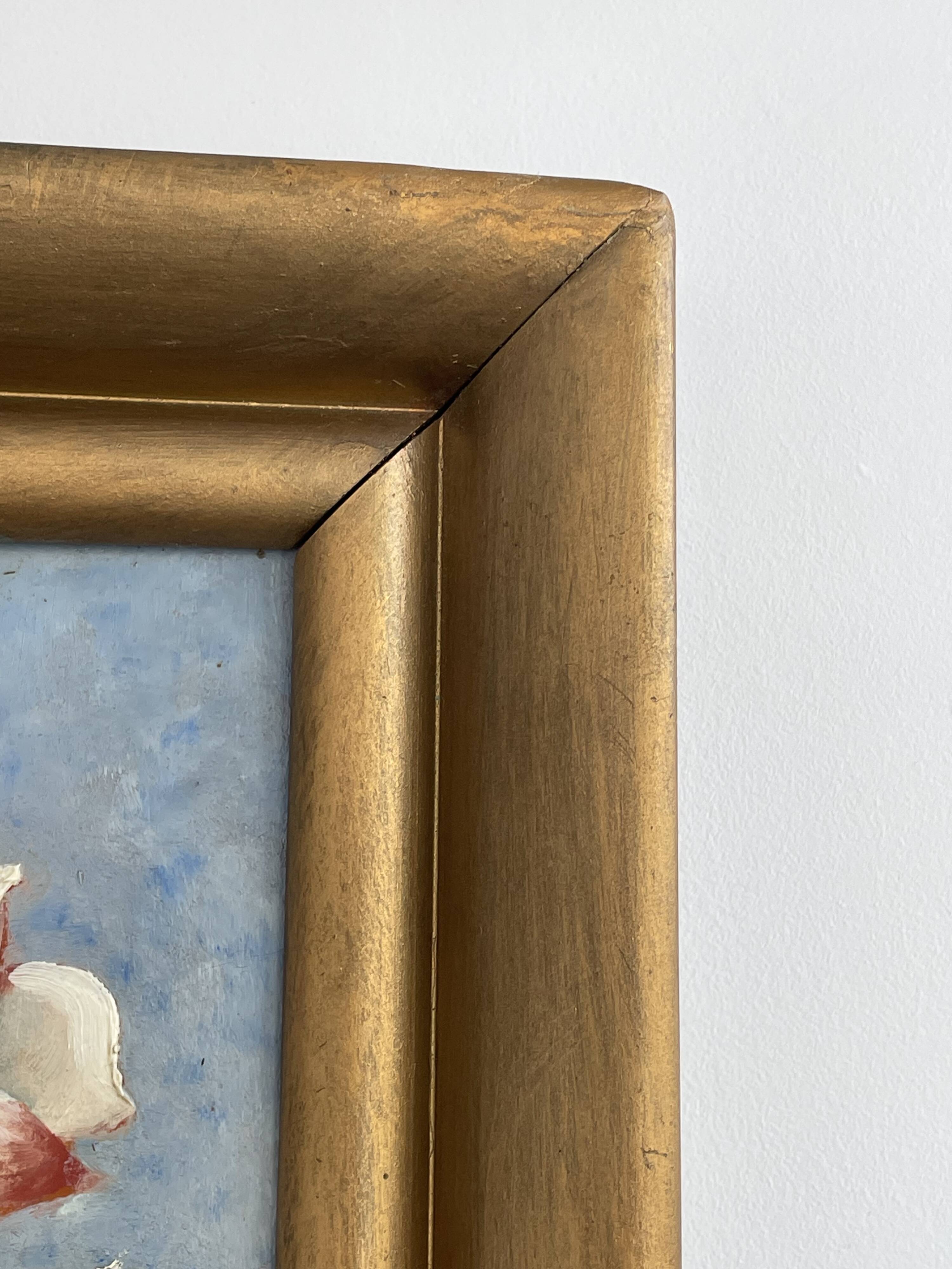Still life with roses – Signed oil, blue vase, vintage gold frame
